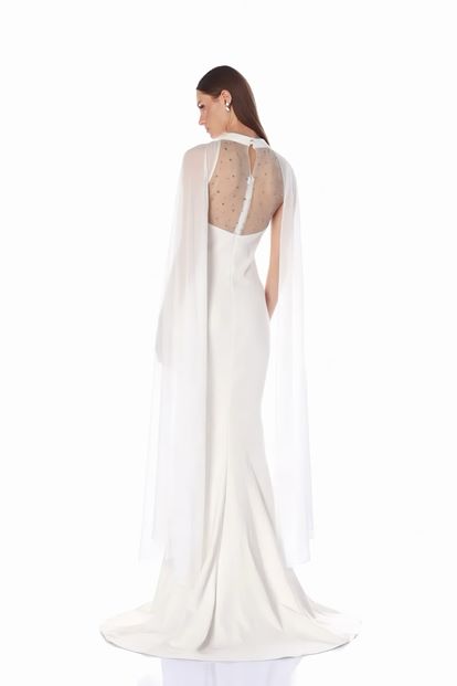 Bone Halter Neck Cape Evening Dress